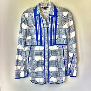 Brooks Brothers Women’s Blue and White Patterned Button-Up Tunic Shirt